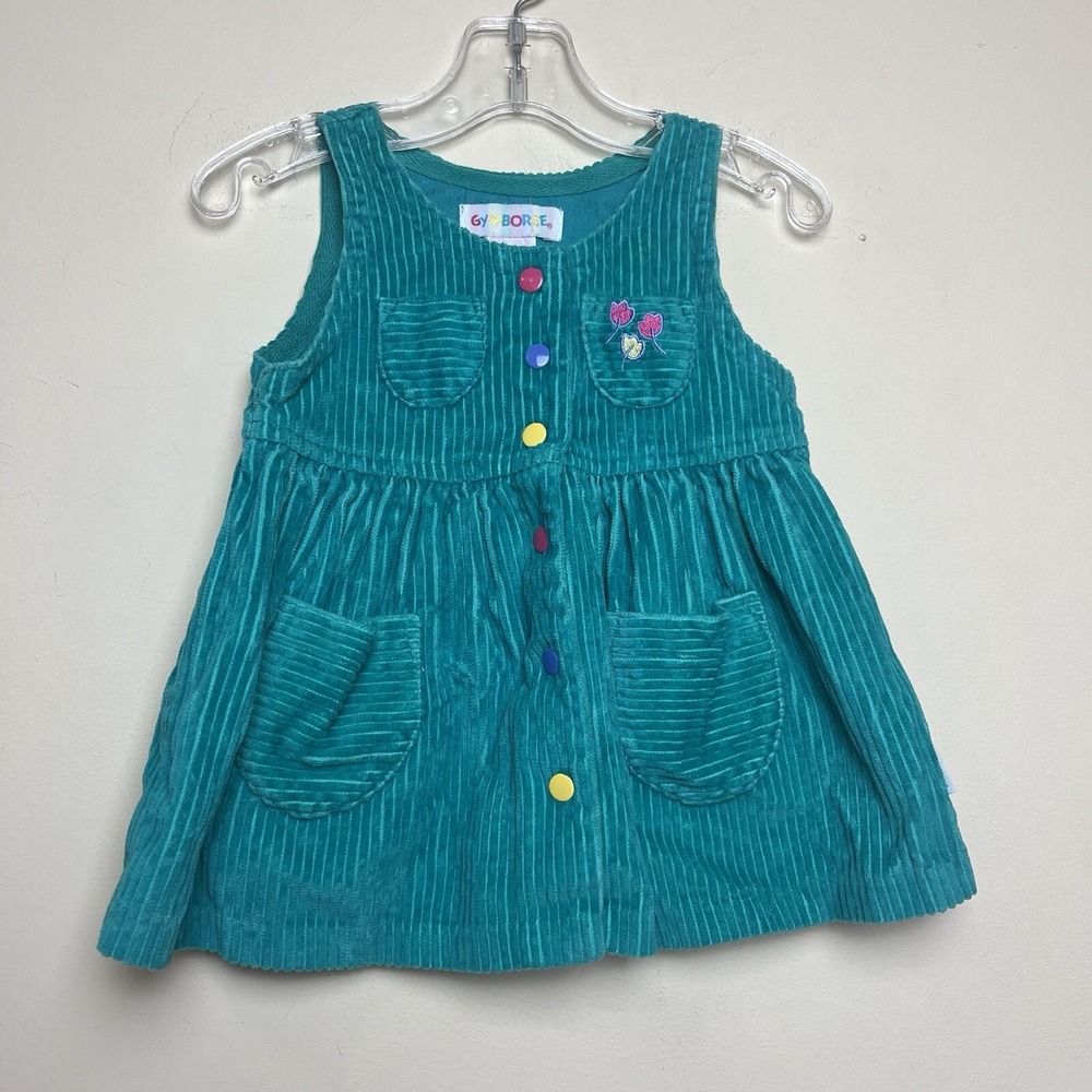 VTG Gymboree Rainbow‎ Tag Green Corduroy Dress Snaps Pockets Flowers Infant 6-9